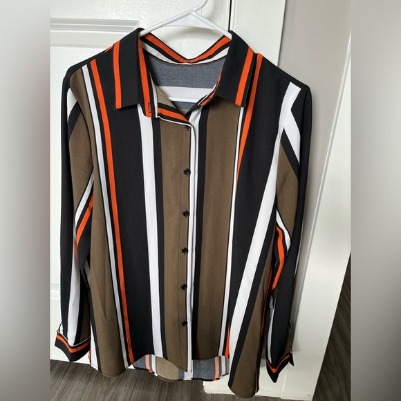 Astylish Medium V Neck Striped Roll Up Sleeve Button Down Blouses Top - Picture 3 of 5